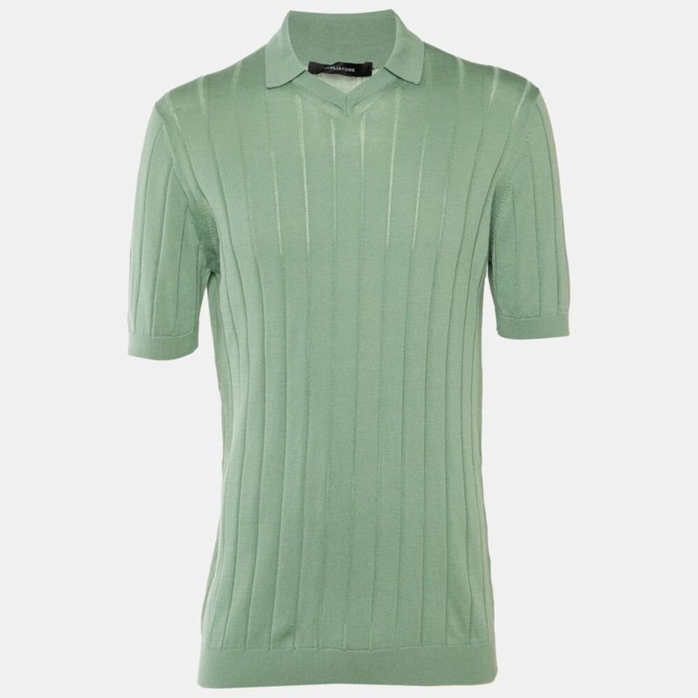 Tagliatore Sage Green Striped Knit Jude Polo T-Shirt L